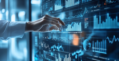 商業智慧與數據分析概念圖，展示使用者在數位儀表板上操作視覺化數據。